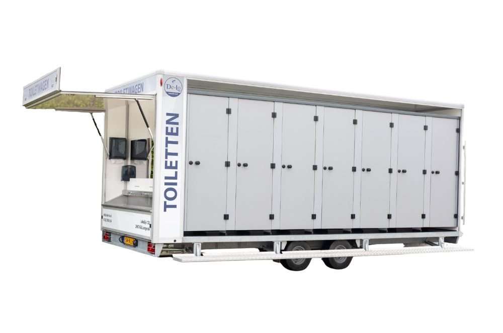 Toiletwagen DL1400 huren bij De-Lo, ruime mobiele toiletunit voor evenementen, toiletwagen huren voor grote evenementen.