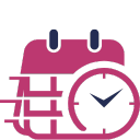 Pictogram van een kalender met een klok, symbool voor planning, reserveringen of beschikbaarheid.
