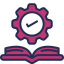 Pictogram van een open boek met een tandwiel en een vinkje, symbool voor handleidingen, instructies of kwaliteitsgarantie.