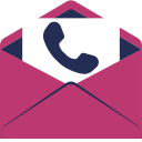 Pictogram van een roze envelop met een blauwe telefoonicoon, symbool voor contact via e mail of telefoon.