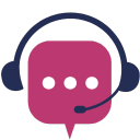 Pictogram van een roze spraakballon met headset, symbool voor klantenservice of live ondersteuning.
