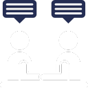 Pictogram van twee personen aan een tafel met tekstballonnen, symbool voor overleg, advies of samenwerking.