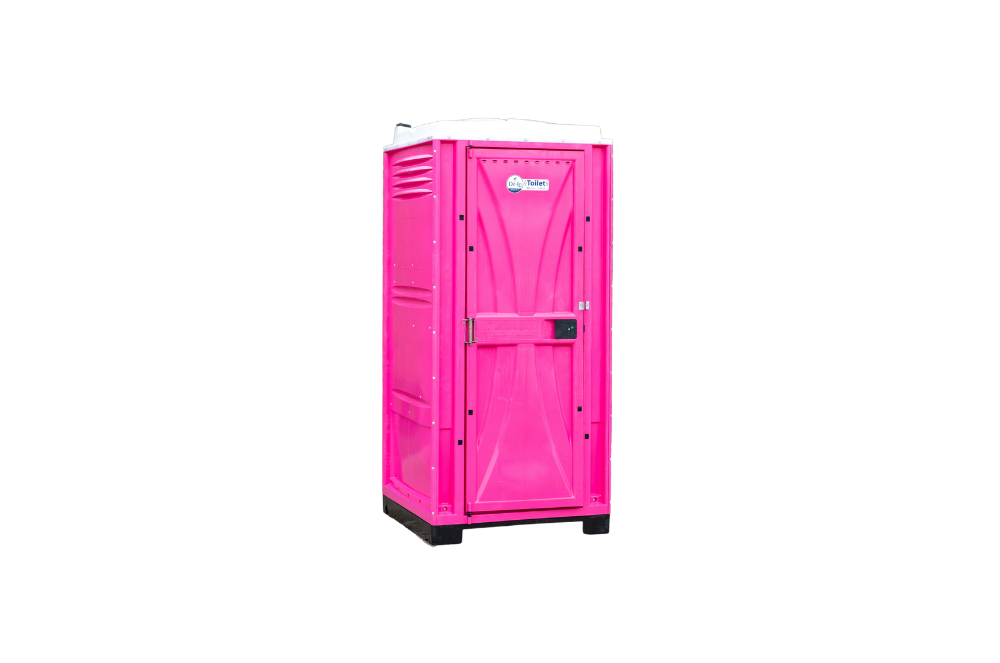 Toiletcabine evenement huren – Een roze mobiele toiletcabine met transparante achtegrond