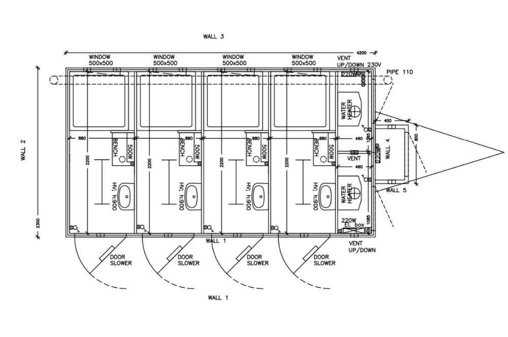 Technische plattegrond van een douchewagen met vier douchecabines waterverwarmer en ventilatie Technische plattegrond van een douchewagen met vier douchecabines waterverwarmer en ventilatie